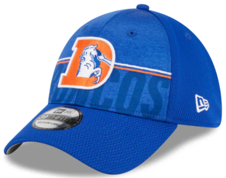 Men's Denver Broncos New Era NFL 2023 Training Camp Royal Blue Throwback Logo 39THIRTY Flex Fit Hat