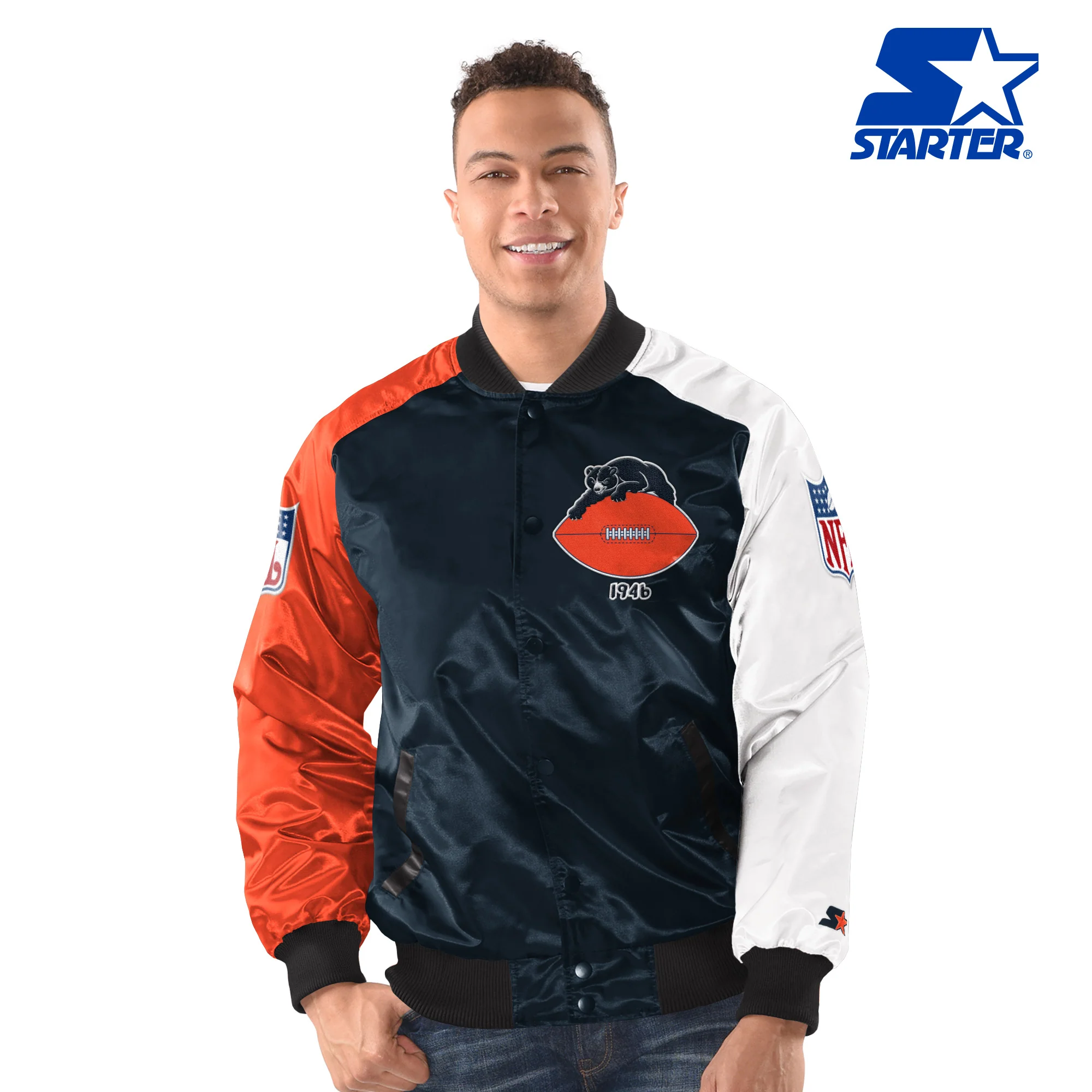 Men's Chicago Bears 1946 Logo Navy/Orange Varsity Starter Satin Jacket