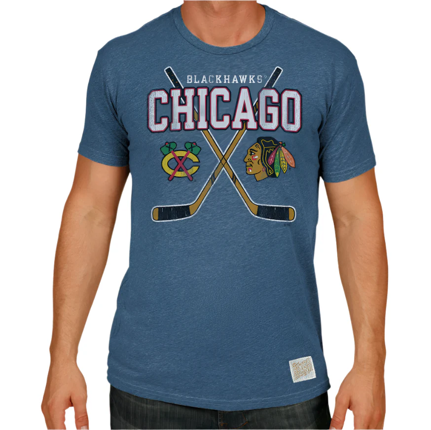 Men’s NHL Chicago Blackhawks Heather Blue Cross Sticks Tee By Retro Brand