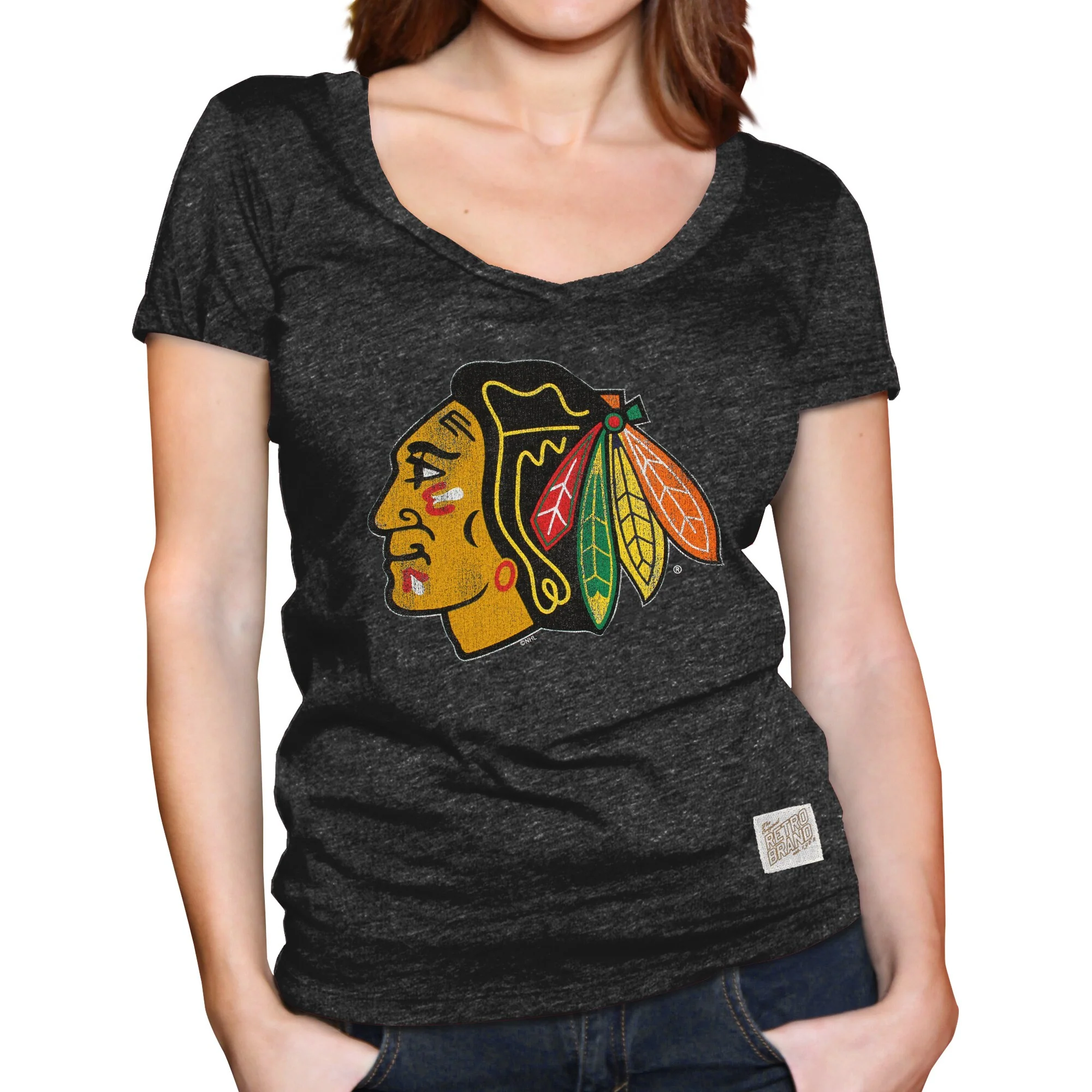 Women's Chicago Blackhawks Original Retro Brand Black Mock Twist Tri-Blend Scoop Neck T-Shirt