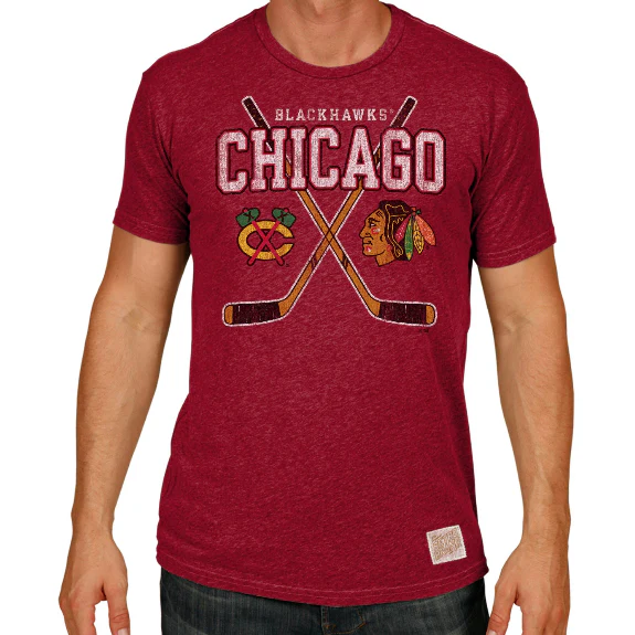 Men’s Chicago Blackhawks NHL Heather Red Cross Sticks Tee By Retro Brand
