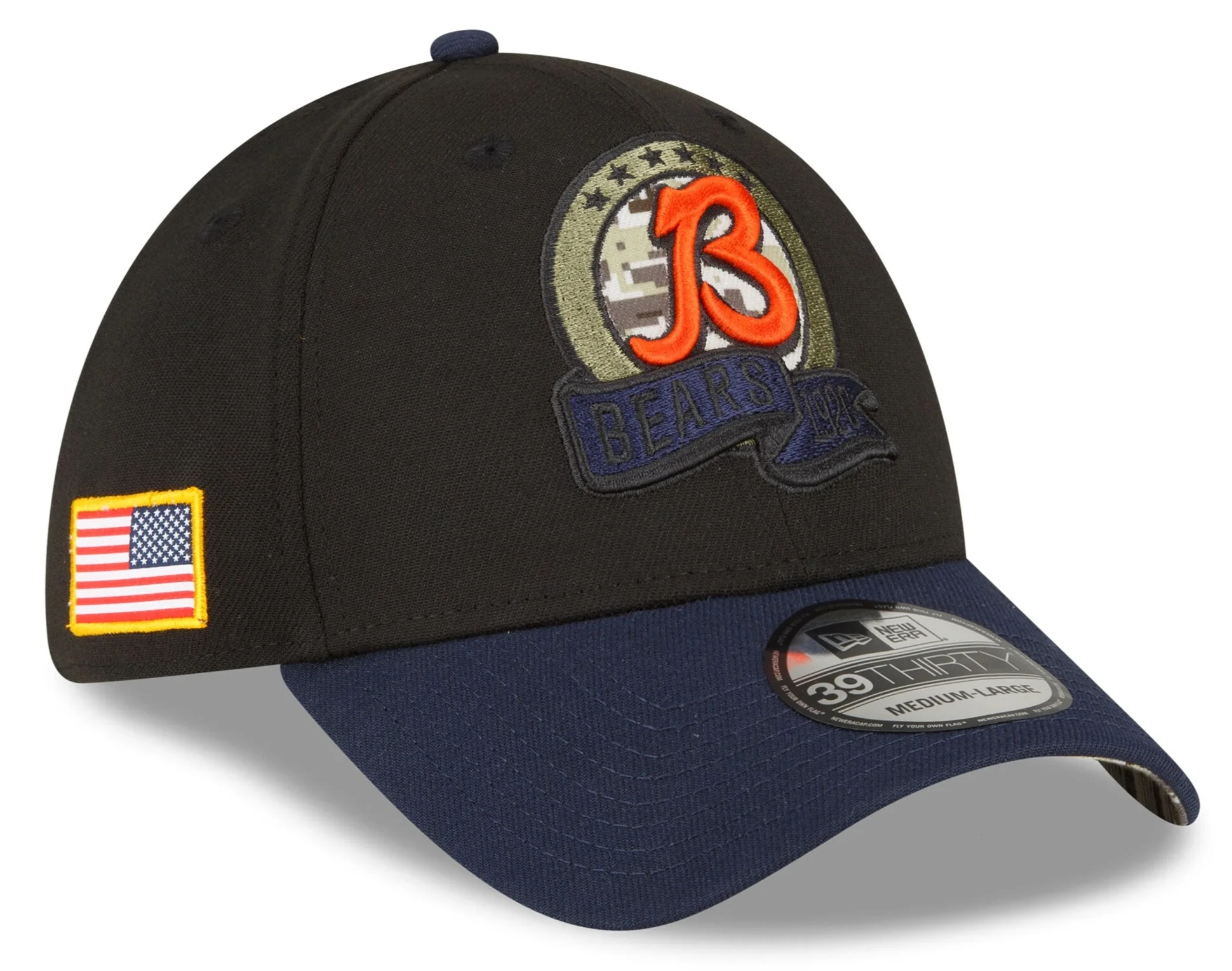 Men's Chicago Bears New Era Black 2022 Salute to Service B Logo 39THIRTY Flex Hat