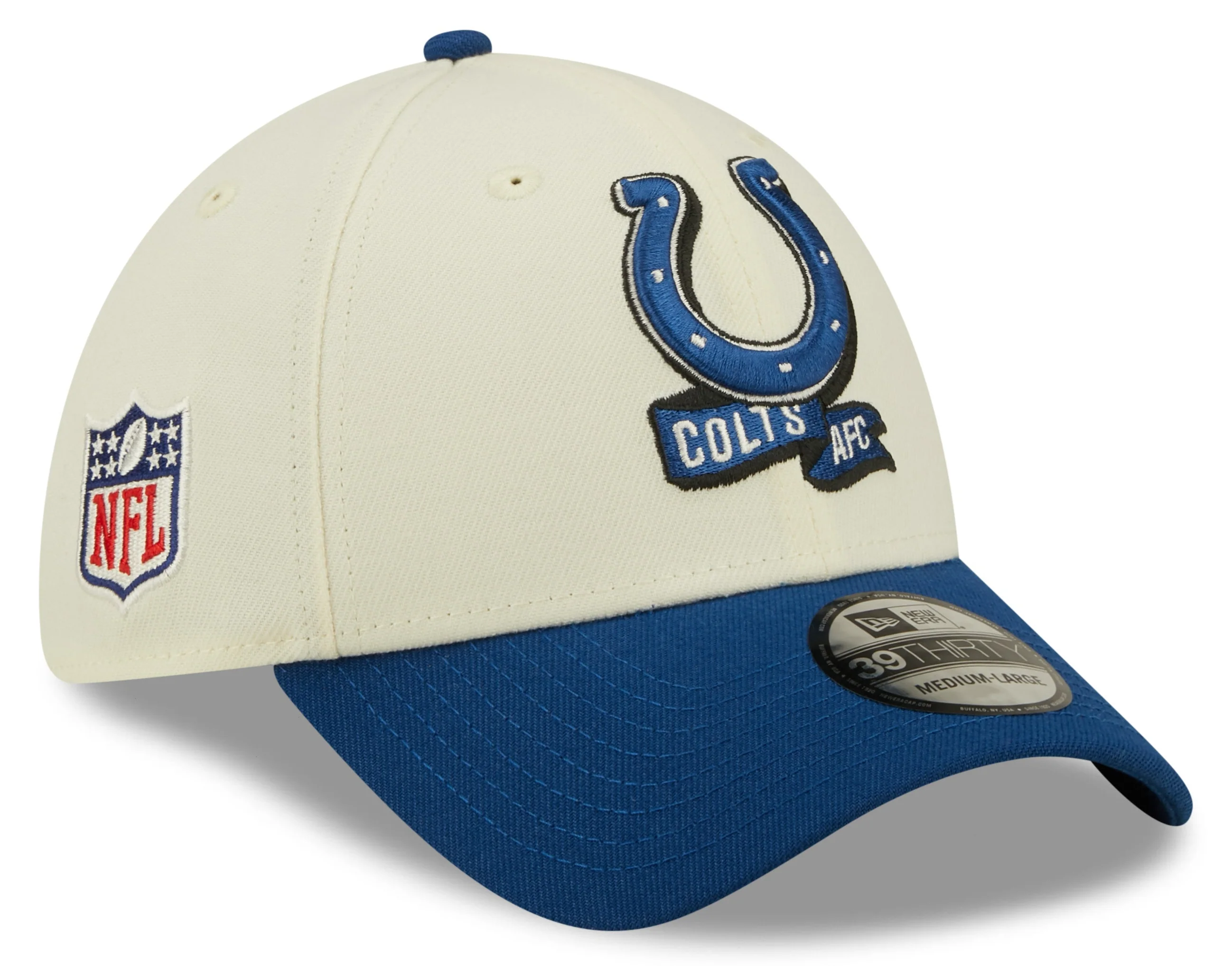 Men's Indianapolis Colts New Era Cream/Royal 2022 Sideline 39THIRTY Flex Hat