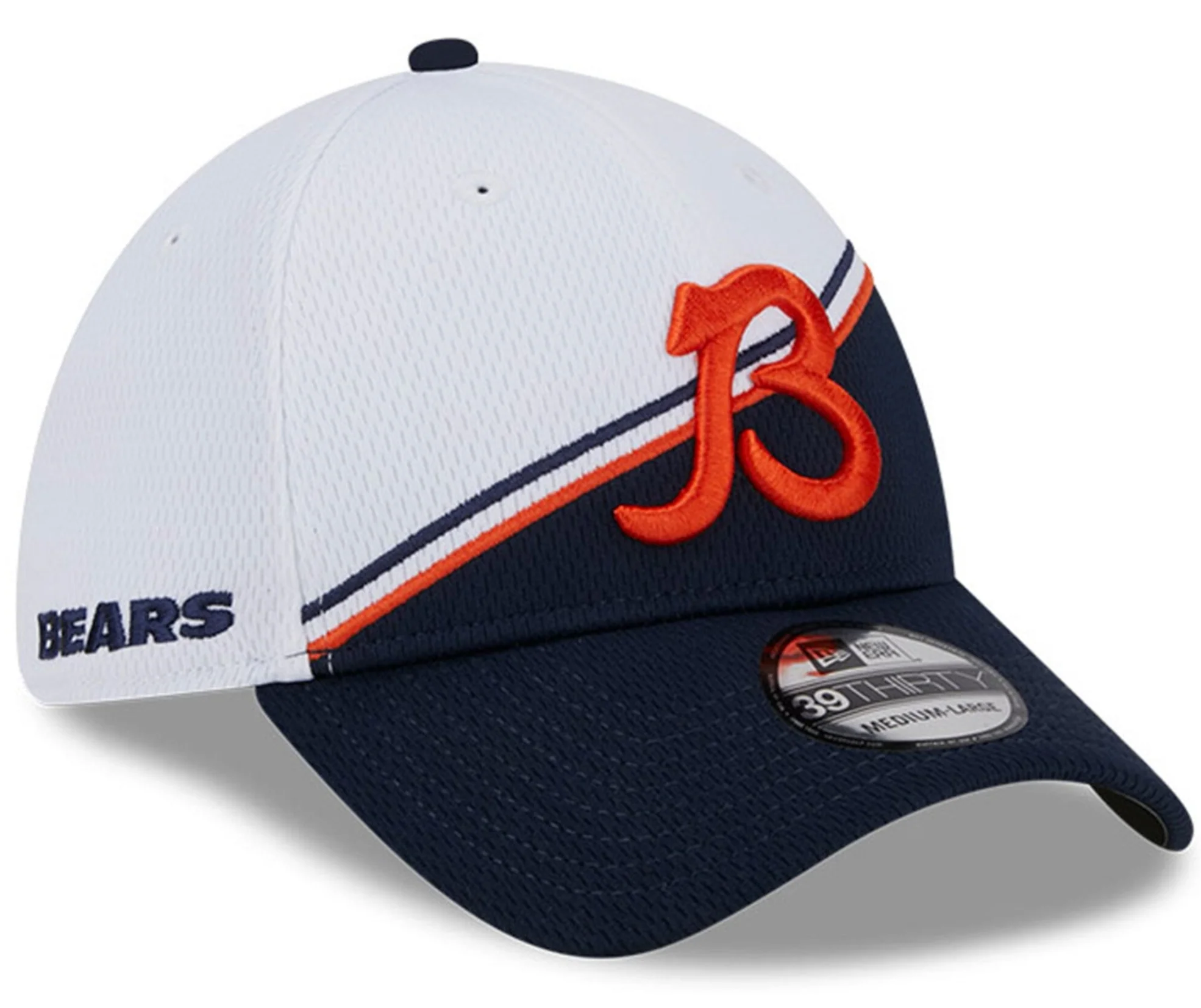 Men's Chicago Bears Historical Logo New Era White/Navy 2023 Sideline 39THIRTY Flex Hat