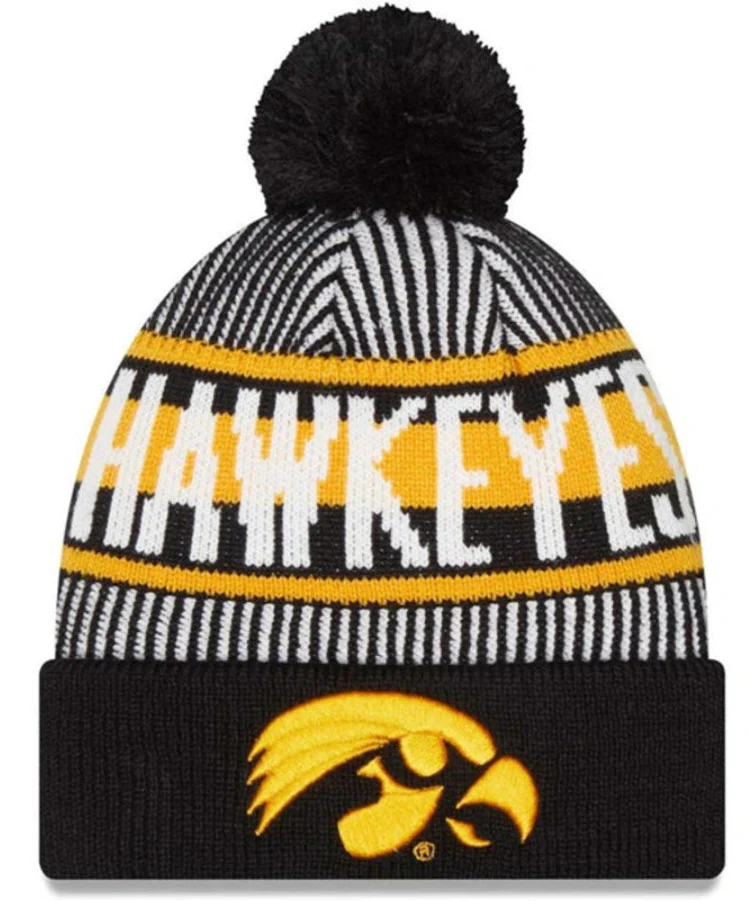 Men's Iowa Hawkeyes Black NCAA New Era Knitstripe Cuffed Pom Knit Hat
