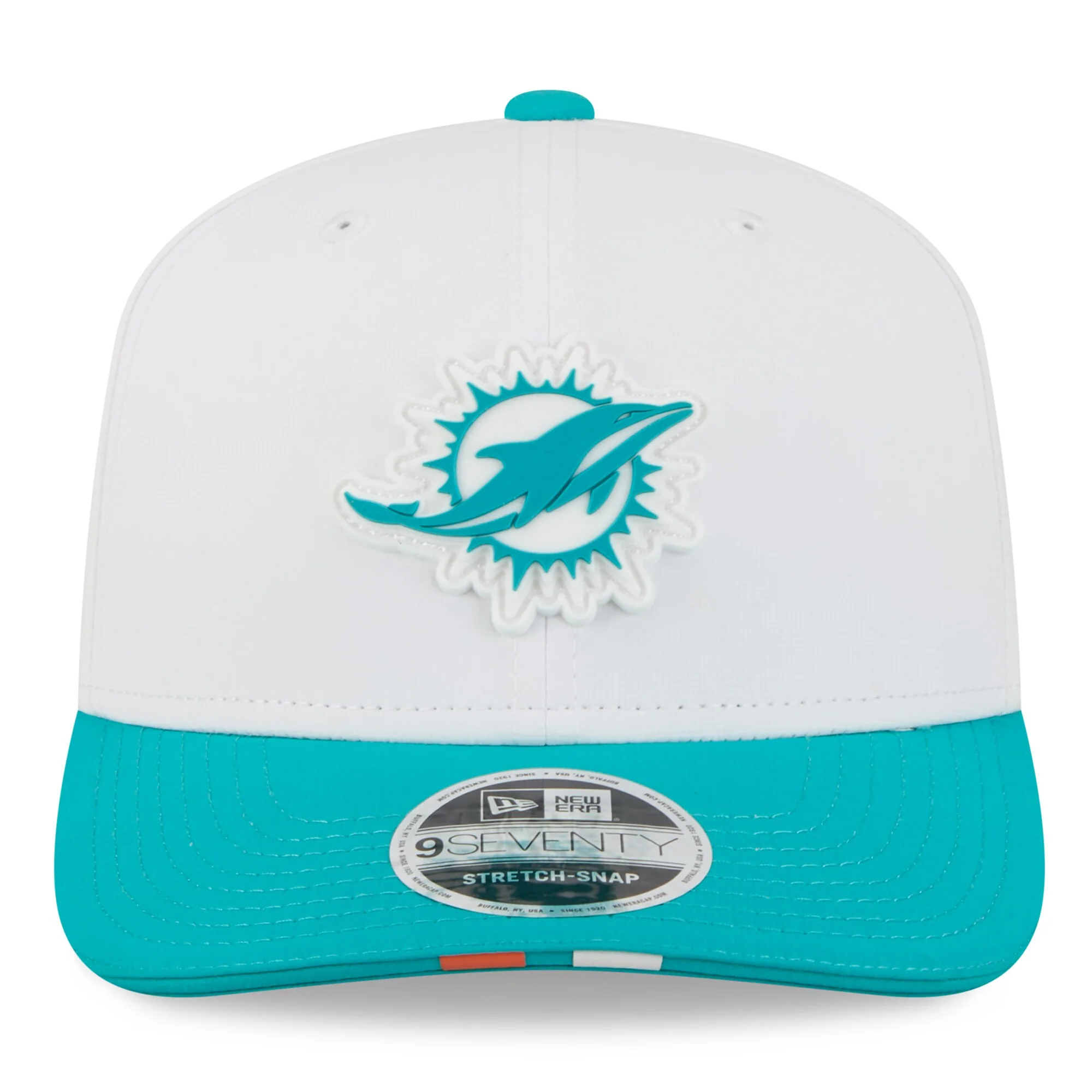 Men's Miami Dolphins New Era White/Aqua 2025 NFL Training Camp 9SEVENTY Adjustable Hat