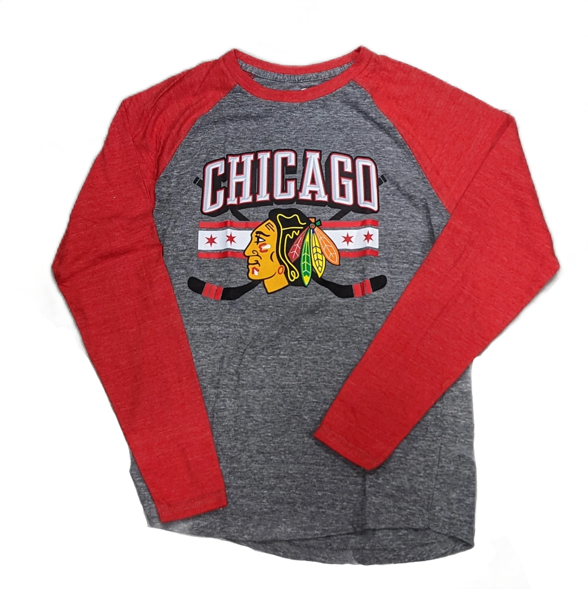 Men's Chicago Blackhawks Stars and Sticks Gray/Red Raglan Tri-Blend Long Sleeve T-Shirt