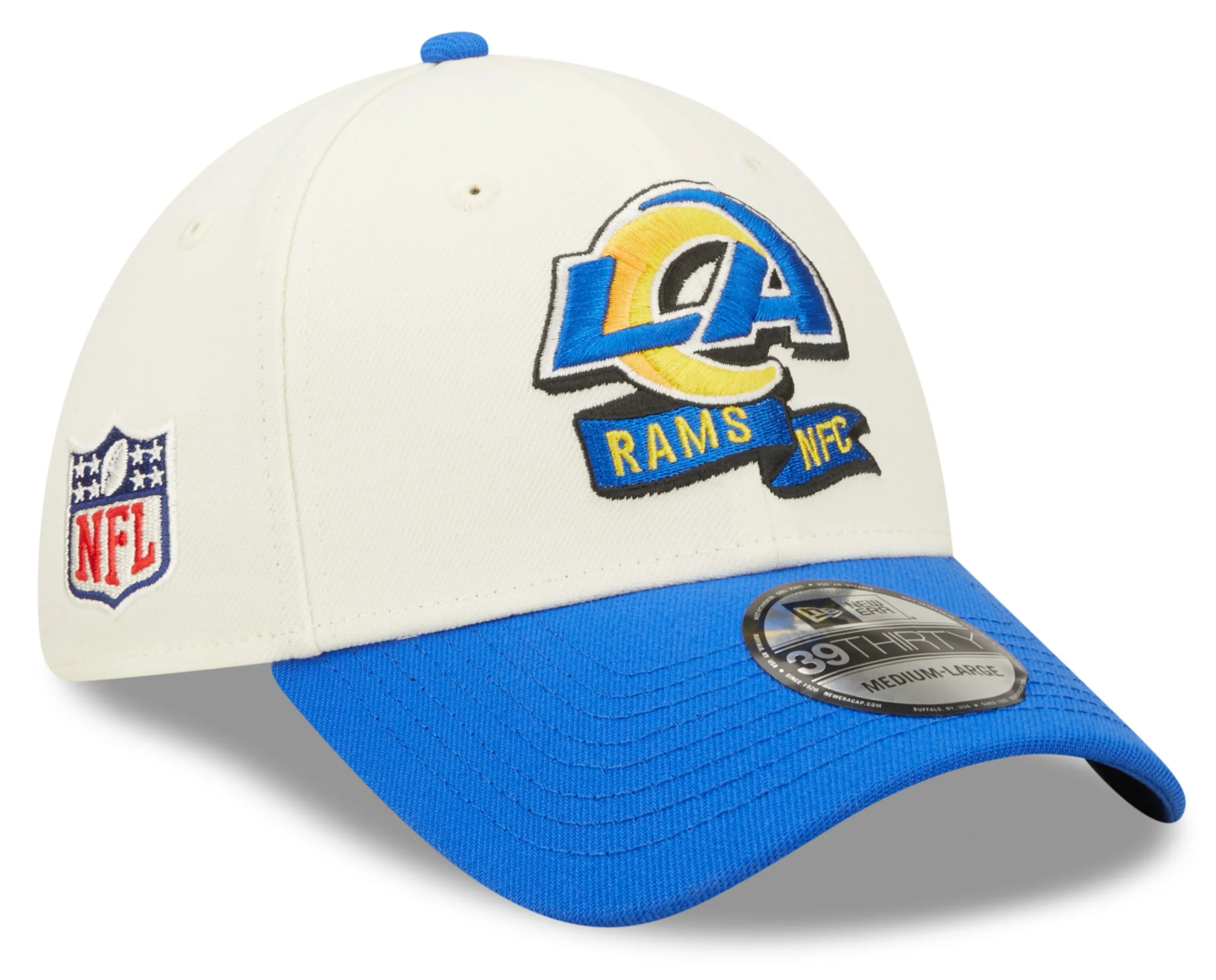 Men's Los Angeles Rams New Era Cream/Blue 2022 Sideline 39THIRTY Flex Hat