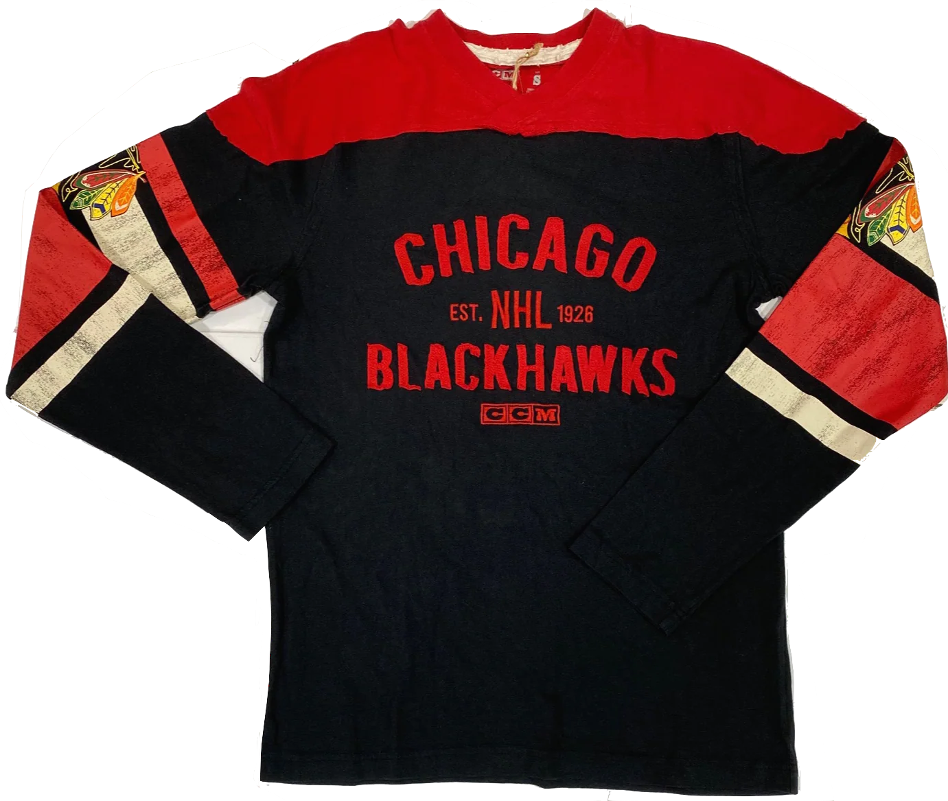 Chicago Blackhawks L/S Applique Crew Neck Tee-Black
