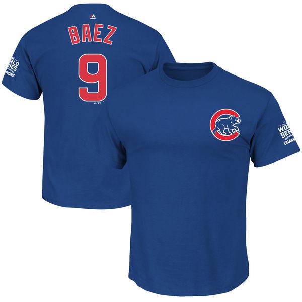 Youth Chicago Cubs Javier Baez Majestic Royal 2016 World Series Champions Name & Number T-Shirt