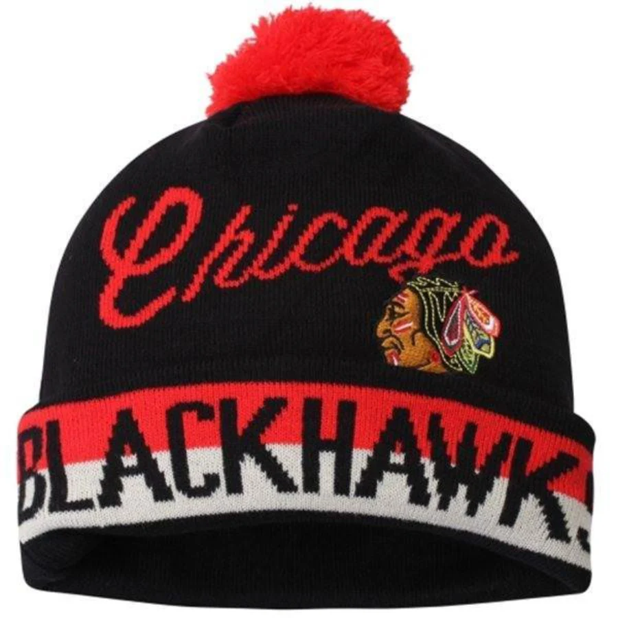 Youth Chicago Blackhawks CCM Black Vintage Retro Cuffed Hat with Pom