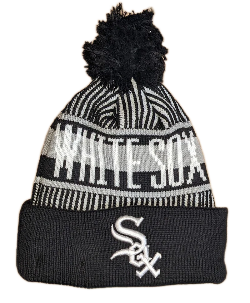 Youth Chicago White Sox New Era Junior Knitstripe Black Cuffed Pom Knit Hat