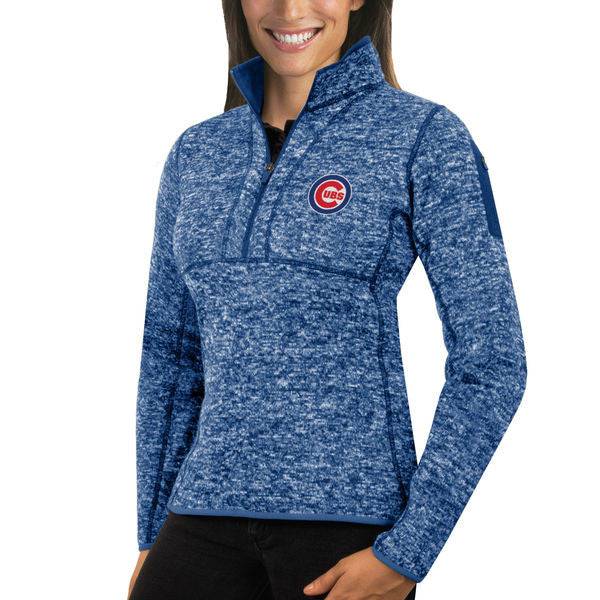 Women's Chicago Cubs Antigua Heathered Royal Fortune Half-Zip Pullover Sweater