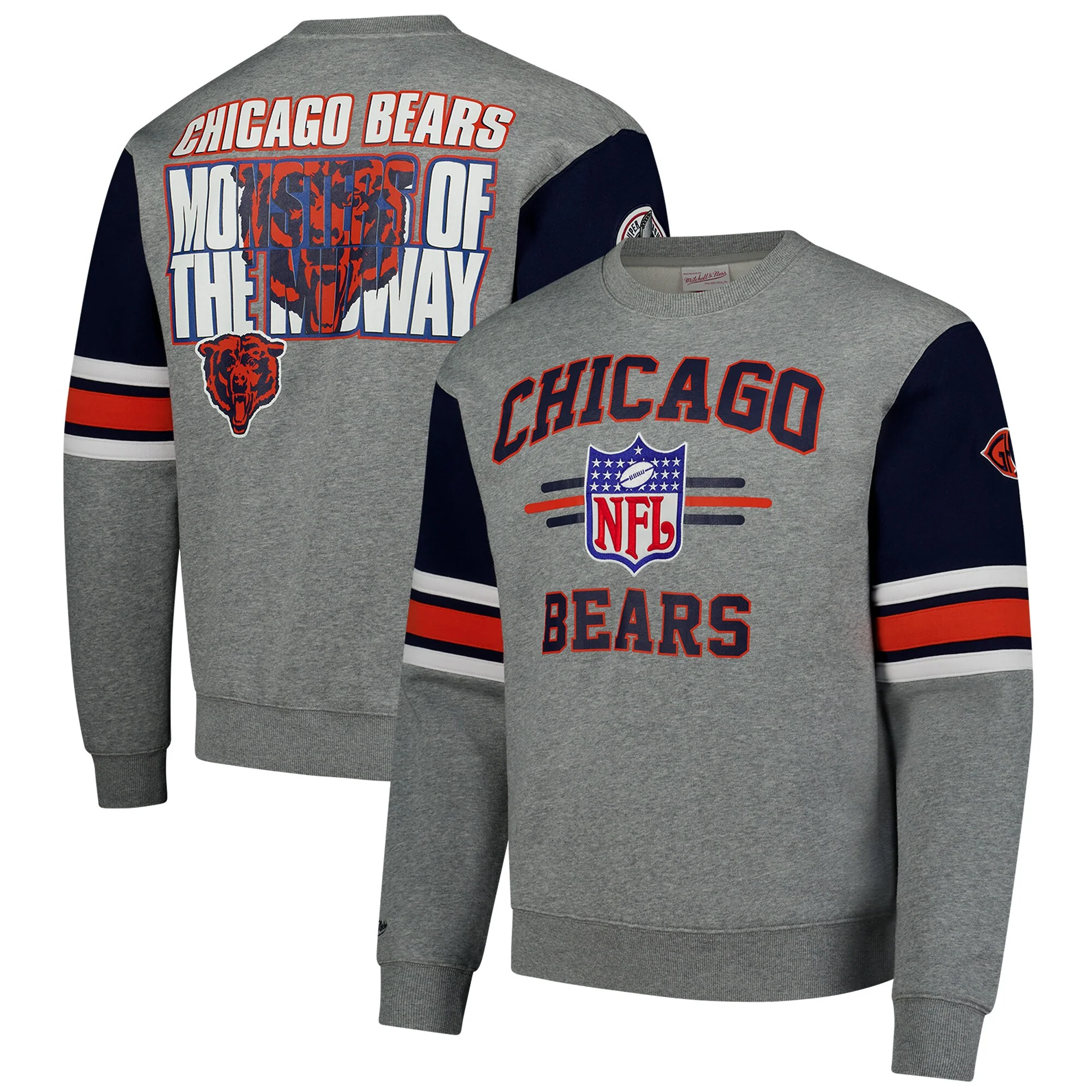 Men's Mitchell & Ness Heather Gray Chicago Bears All Over 4.0 Vintage Logo Pullover Sweatshirt
