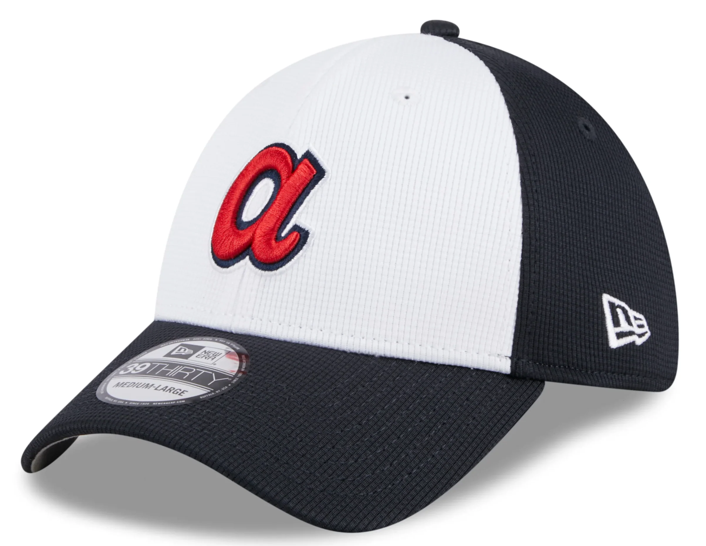 Mens New Era Atlanta Braves White/Navy 2024 Batting Practice 39Thirty Flex Fit Cap