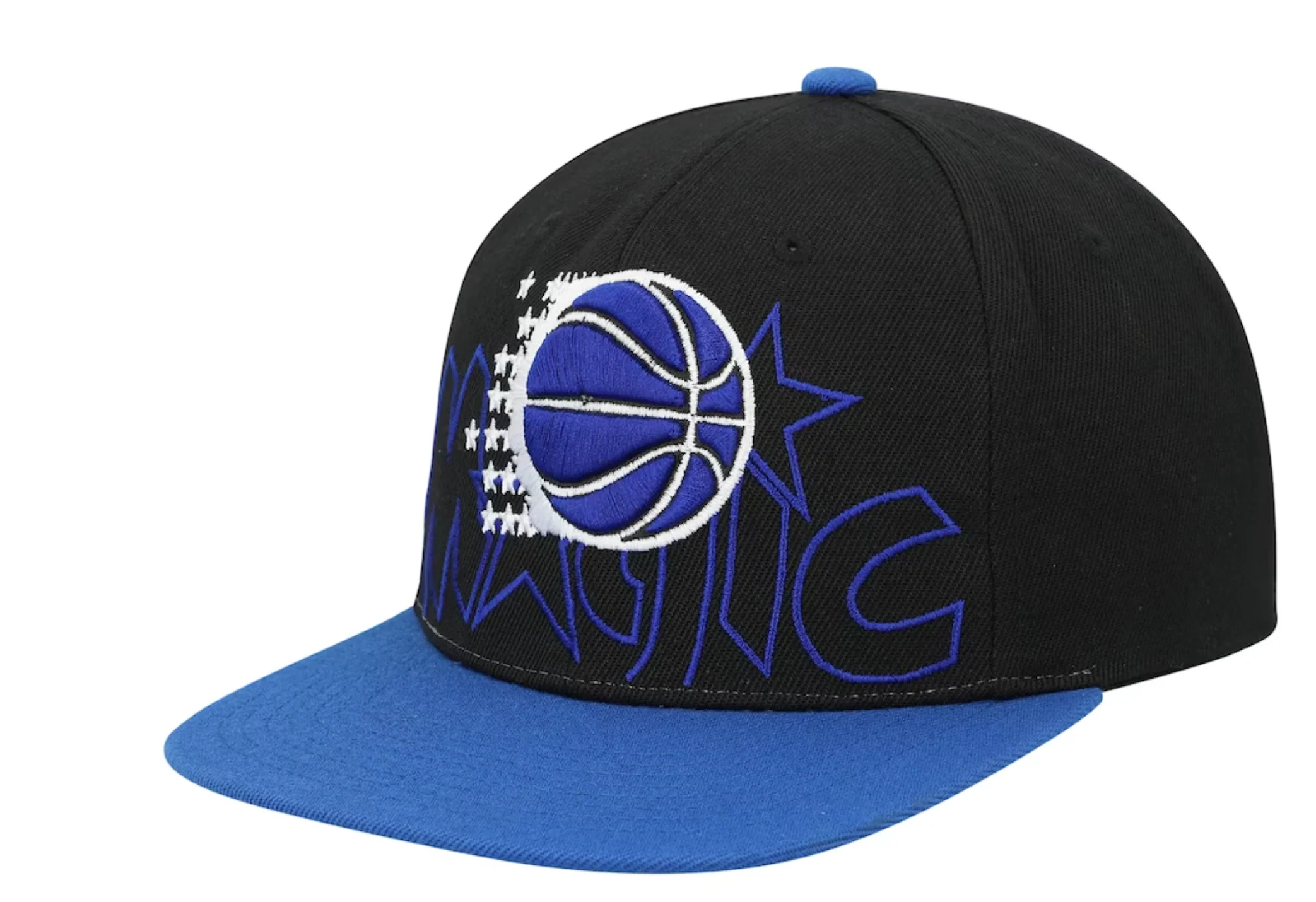 Men's Orlando Magic Mitchell & Ness 2 Tone Black and Royal Low Big Face Hardwood Classics Snapback Hat
