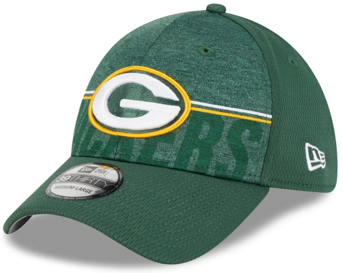 Men's Green Bay Packers New Era NFL 2023 Training Camp Green Primary Logo 39THIRTY Flex Fit Hat