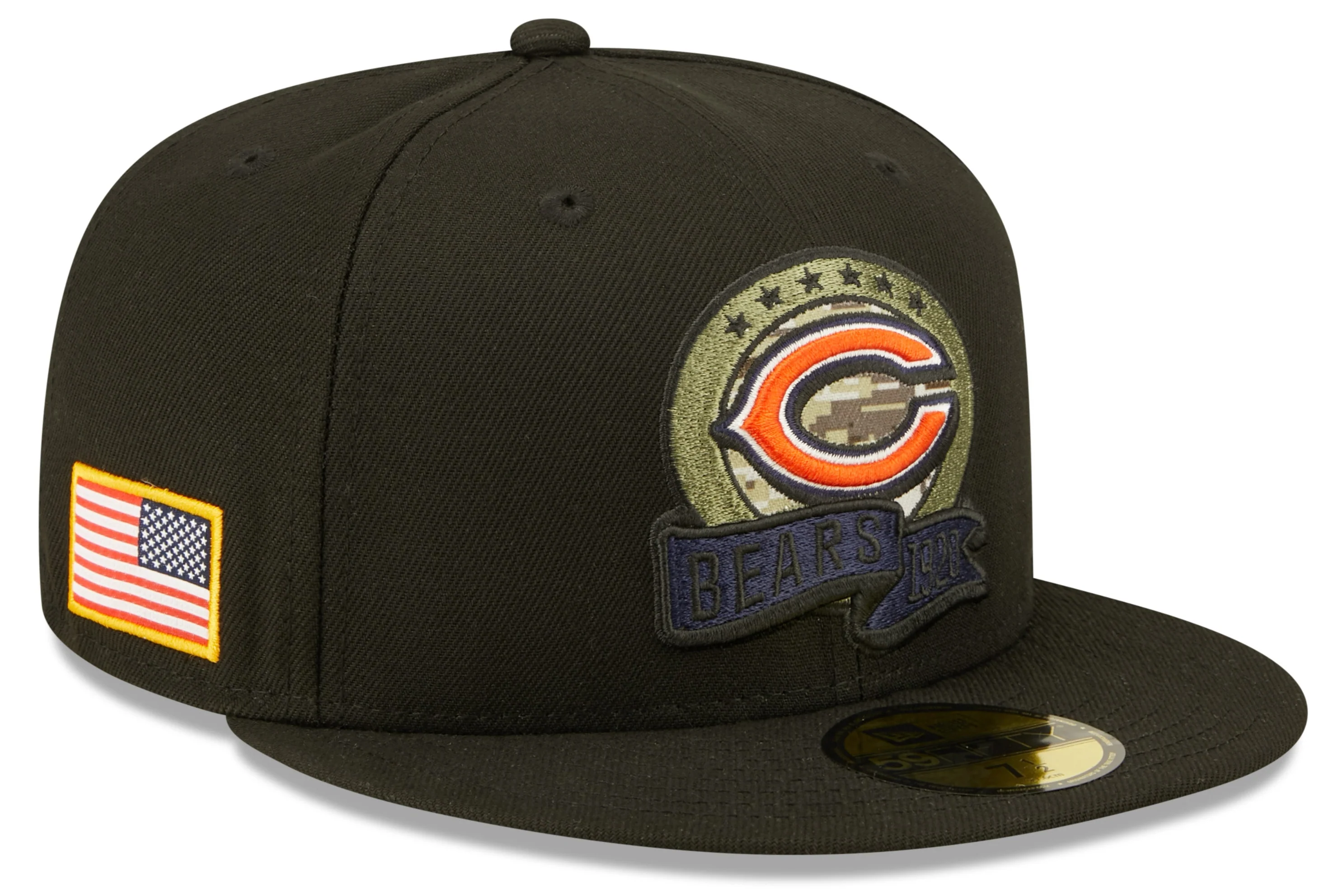 Chicago Bears 2022 Sideline Salute To Service Primary Logo Black New Era 59FIFTY Fitted Hat
