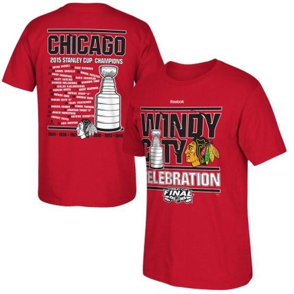 Men's Chicago Blackhawks Reebok Red 2015 Stanley Cup Champions Celebration Roster T-Shirt