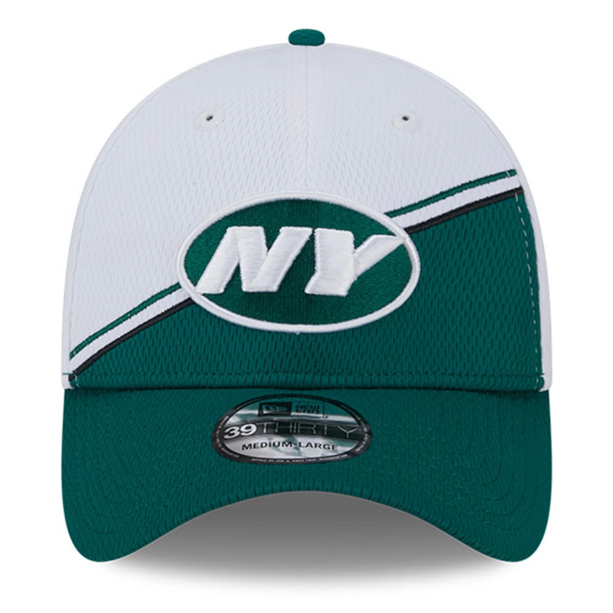Men's New York Jets Primary Logo New Era White/Green 2023 Sideline 39THIRTY Flex Hat