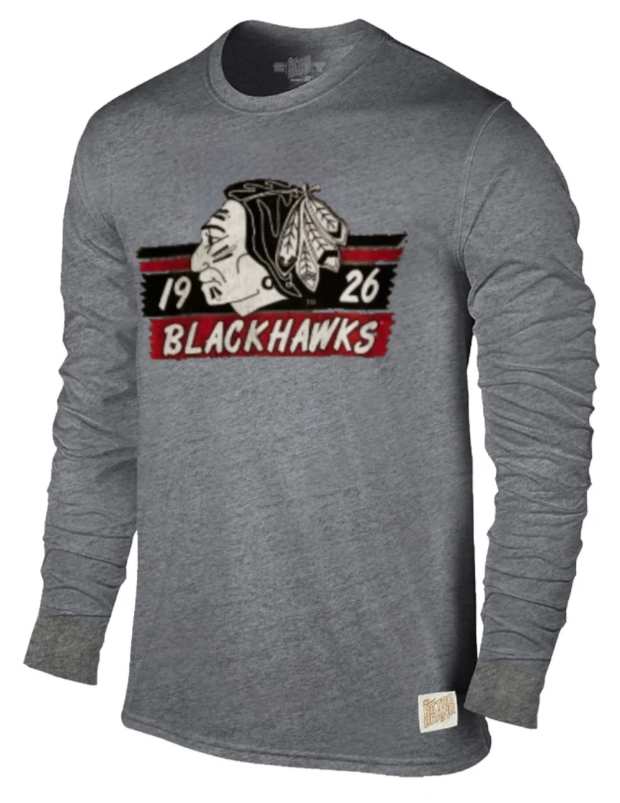 Mens Chicago Blackhawks Vintage Logo Gray Textured Tri Blend Long Sleeve Tee