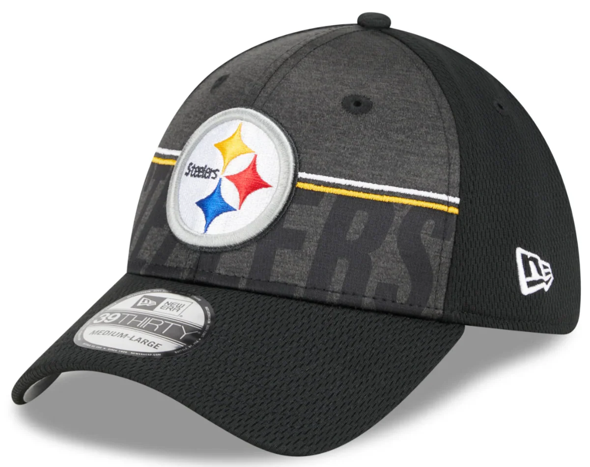 Men's Pittsburgh Steelers New Era NFL 2023 Training Camp Black Primary Logo 39THIRTY Flex Fit Hat