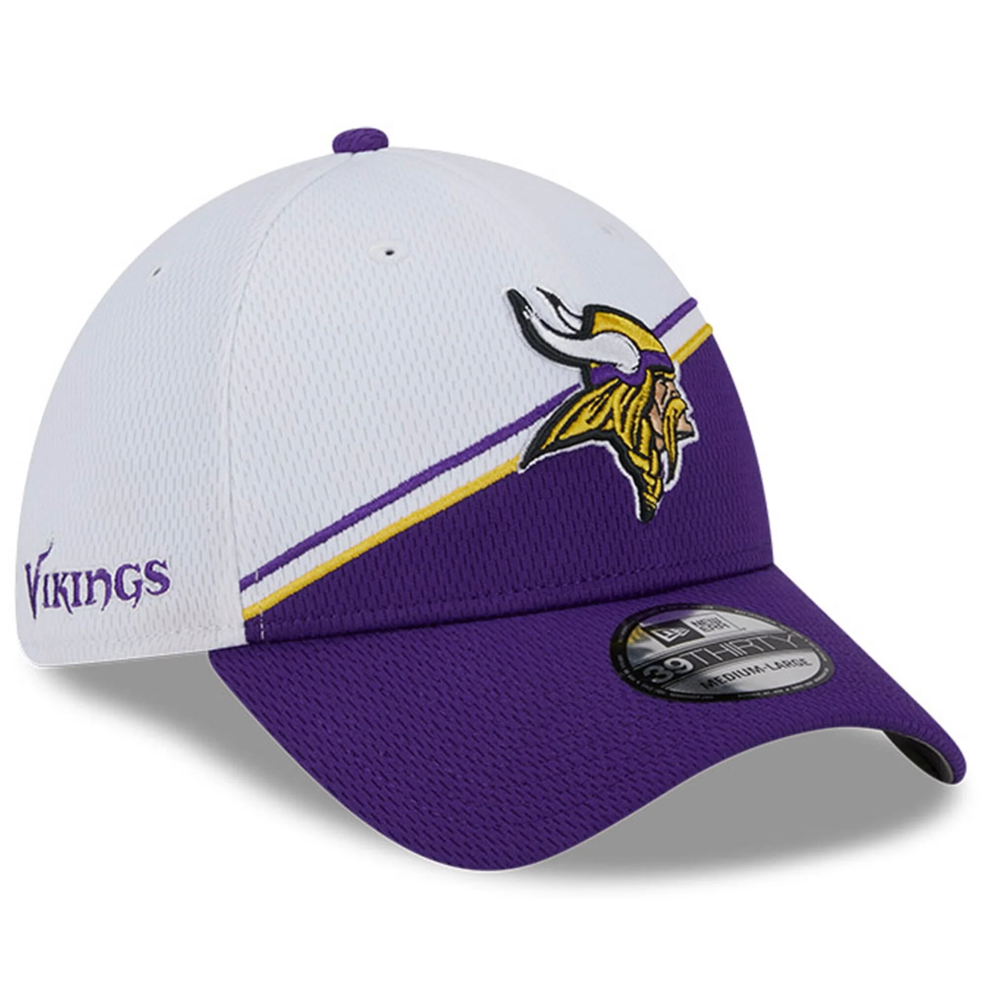 Men's Minnesota Vikings Primary Logo New Era White/Purple 2023 Sideline 39THIRTY Flex Hat