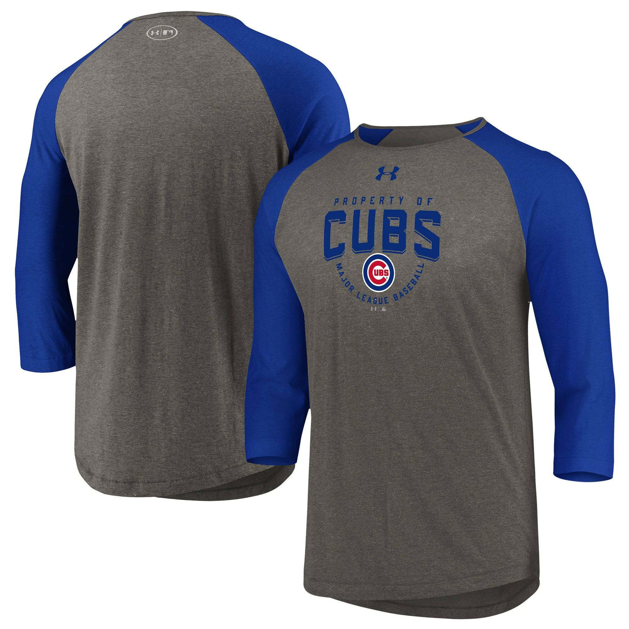 Men's Chicago Cubs Under Armour Heathered Gray/Blue Tri-Blend Property Of 3/4-Sleeve Performance T-Shirt