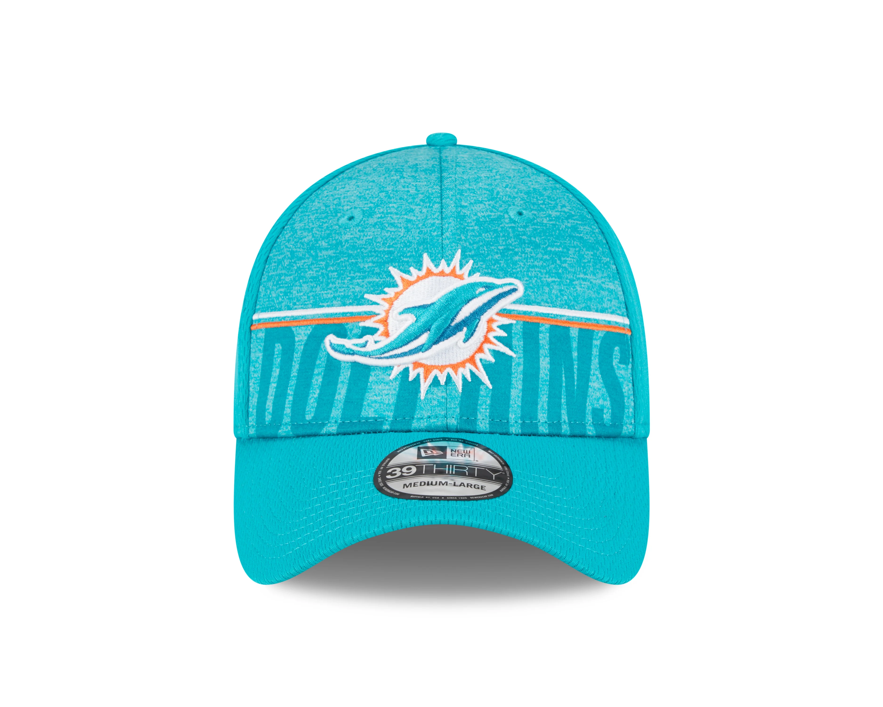 Men's Miami Dolphins New Era NFL 2023 Training Camp Aqua Primary Logo 39THIRTY Flex Fit Hat