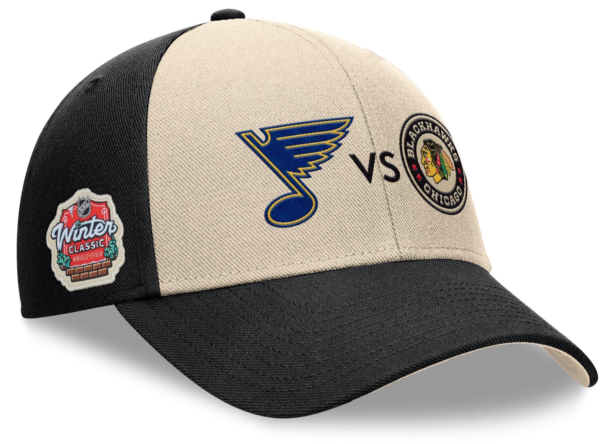 Men's St. Louis Blues vs. Chicago Blackhawks Fanatics Cream/Black 2025 NHL Winter Classic Matchup Adjustable Hat