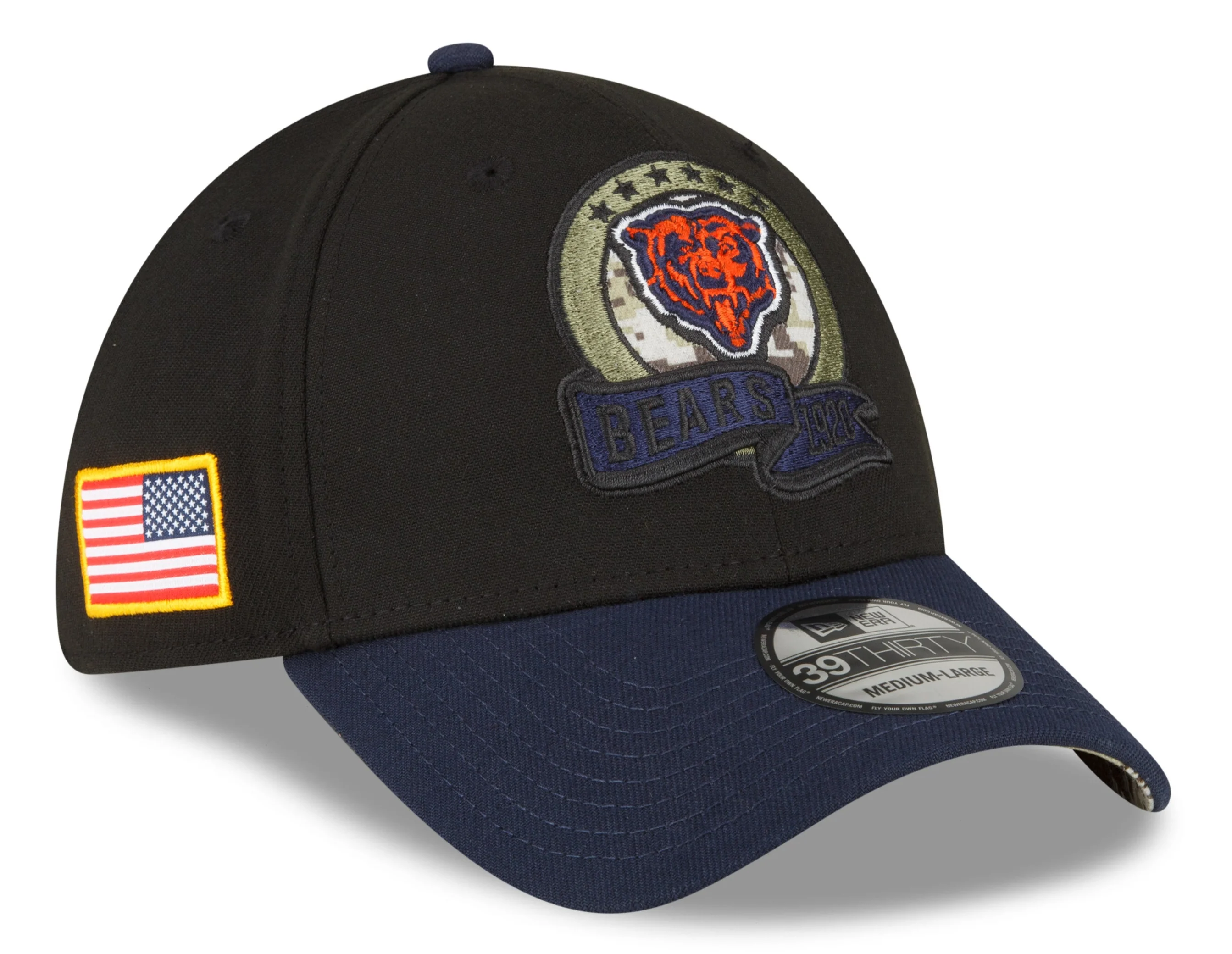 Men's Chicago Bears New Era Black 2022 Salute to Service Historic Logo 39THIRTY Flex Hat