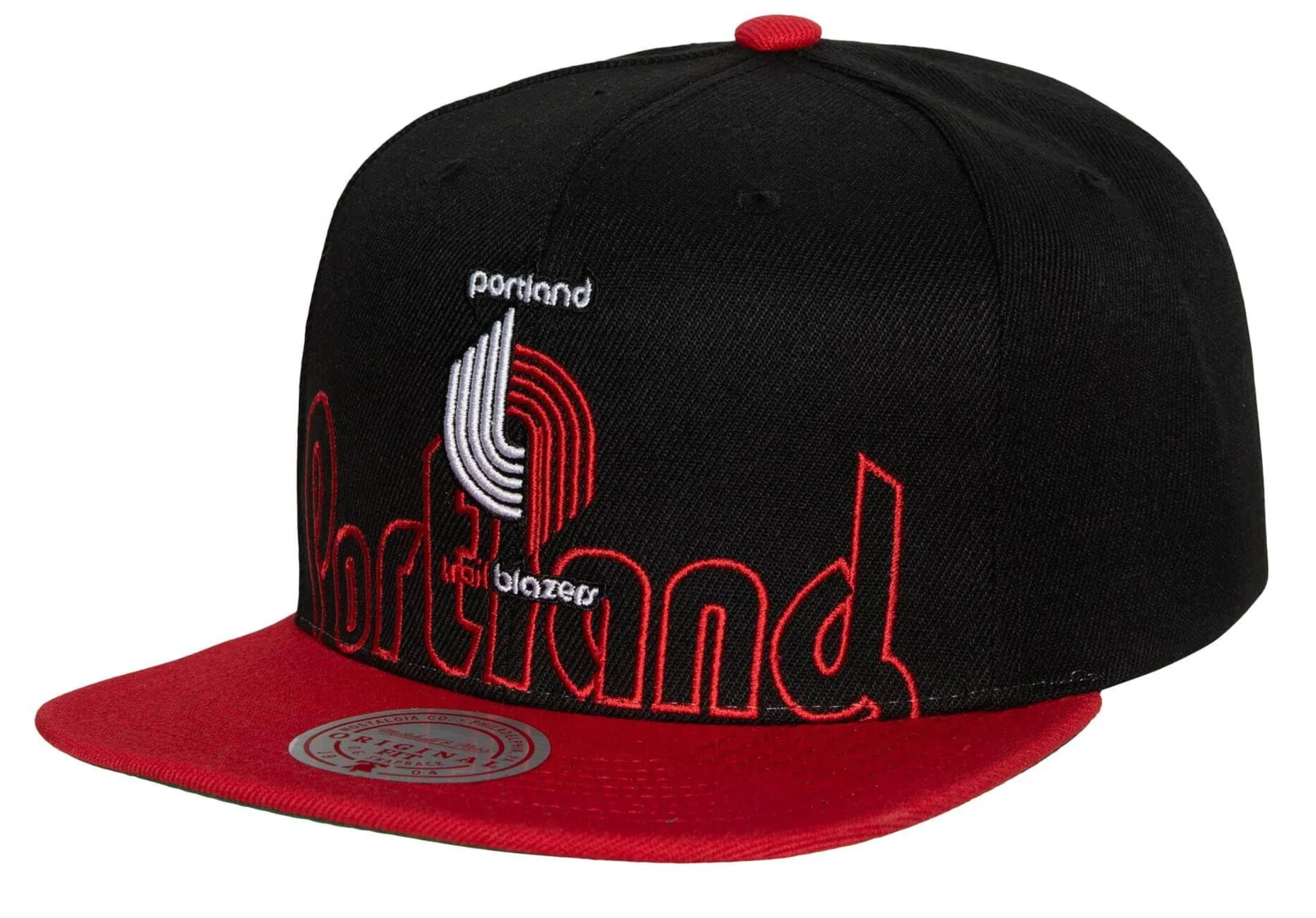 Men's Portland Trail Blazers Mitchell & Ness 2 Tone Black and Red Low Big Face Hardwood Classics Snapback Hat