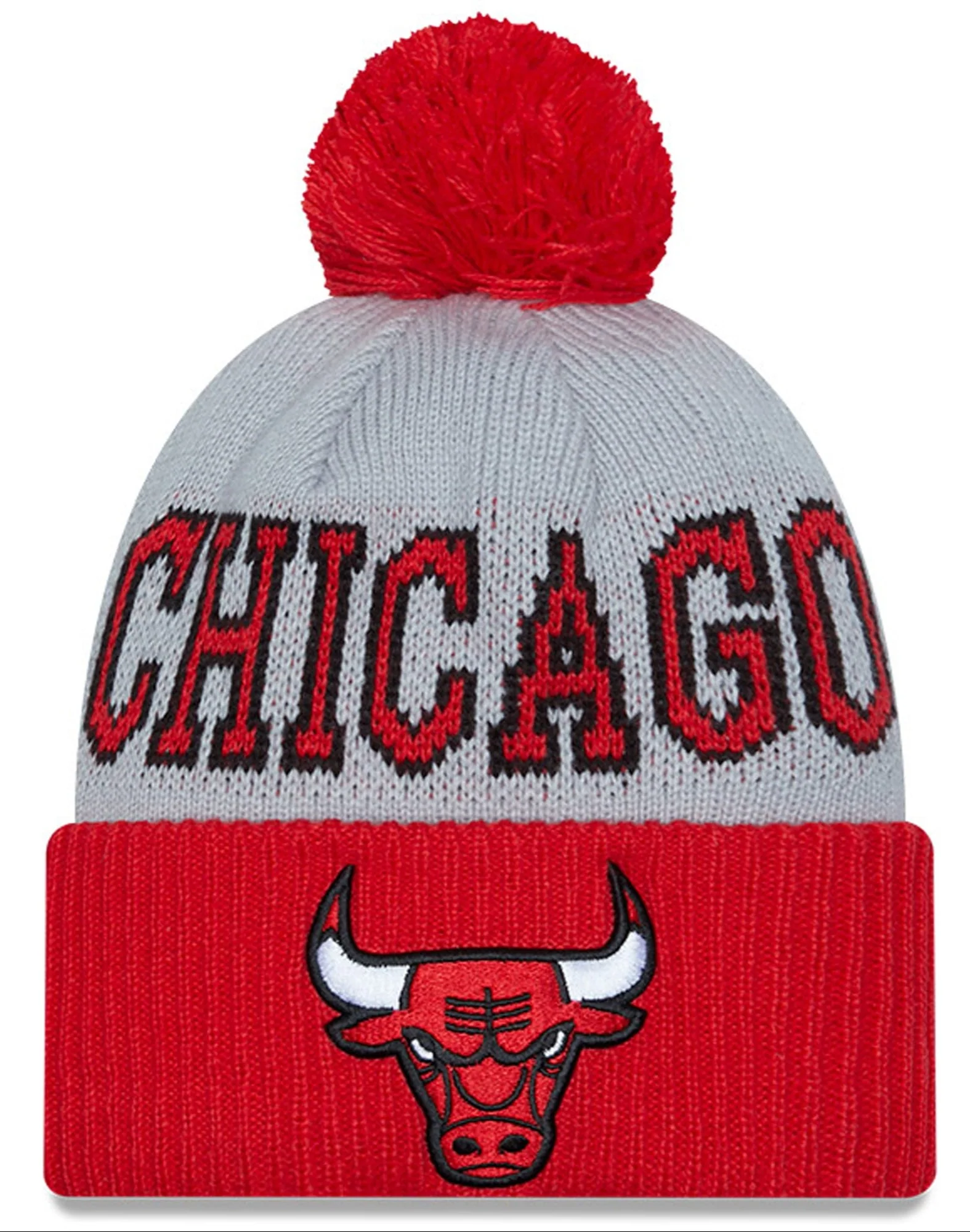 Chicago Bulls 2023 NBA Tipoff New Era Gray/Red Cuffed Pom Knit Hat