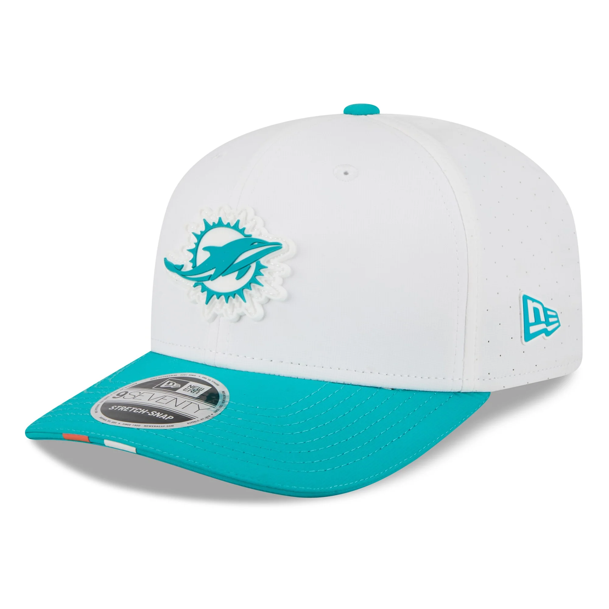 Men's Miami Dolphins New Era White/Aqua 2025 NFL Training Camp 9SEVENTY Adjustable Hat