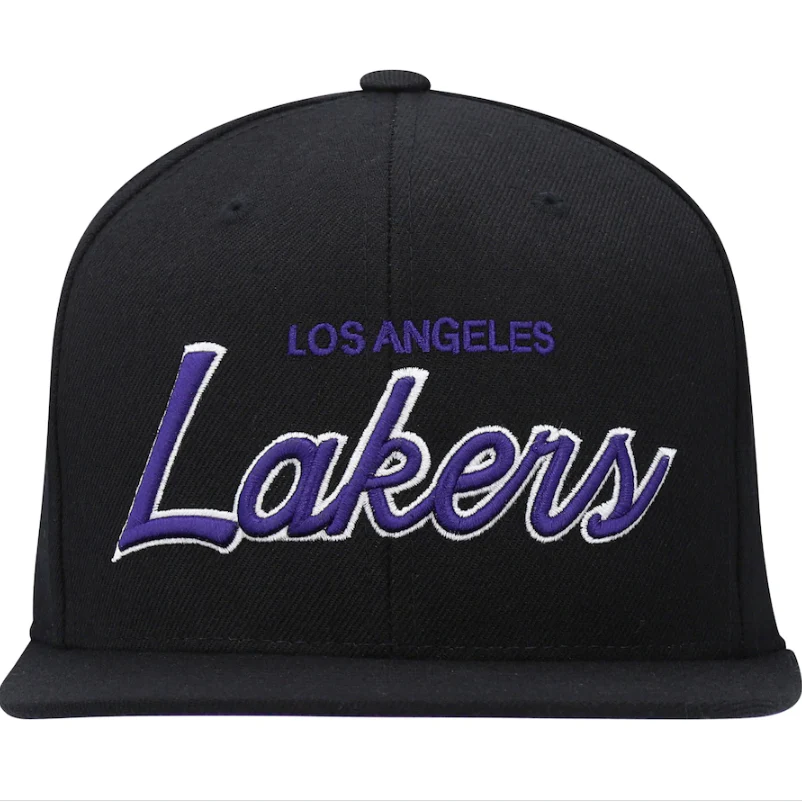 Mens NBA Los Angeles Lakers Black Foundation Script Snapback Hat By Mitchell And Ness