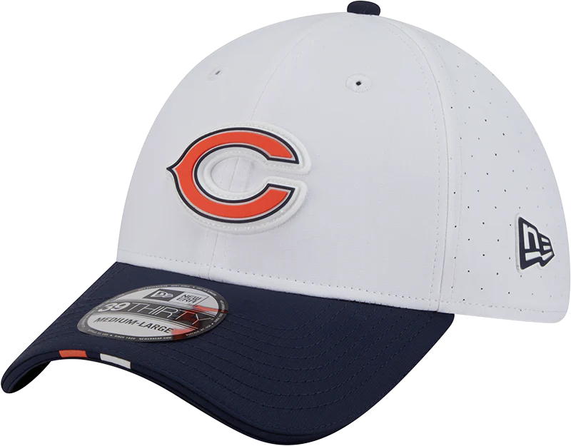 Men's Chicago Bears New Era White/Navy Secondary 2025 NFL Training Camp 9FORTY M-Crown Adjustable A-Frame Hat