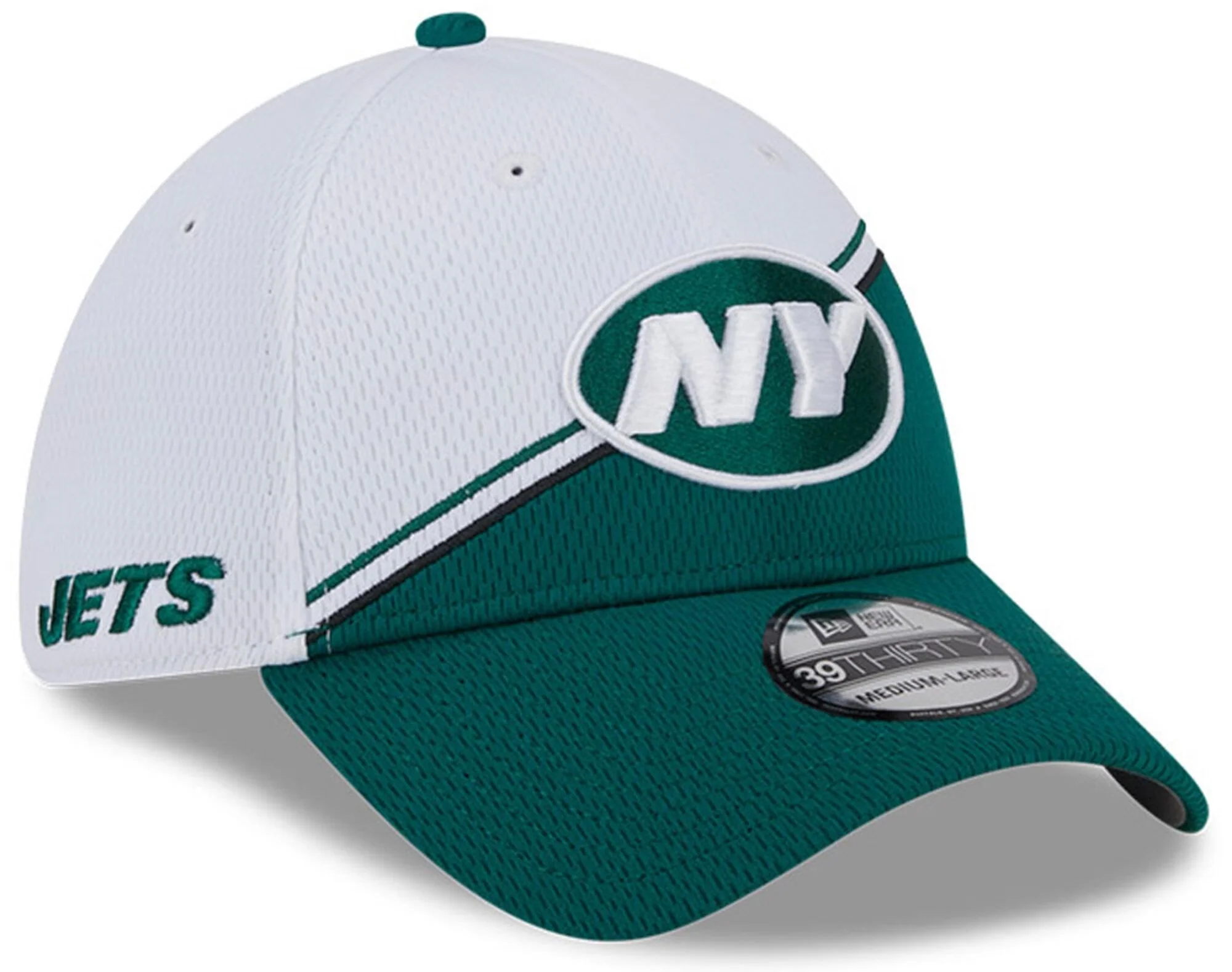 Men's New York Jets Primary Logo New Era White/Green 2023 Sideline 39THIRTY Flex Hat