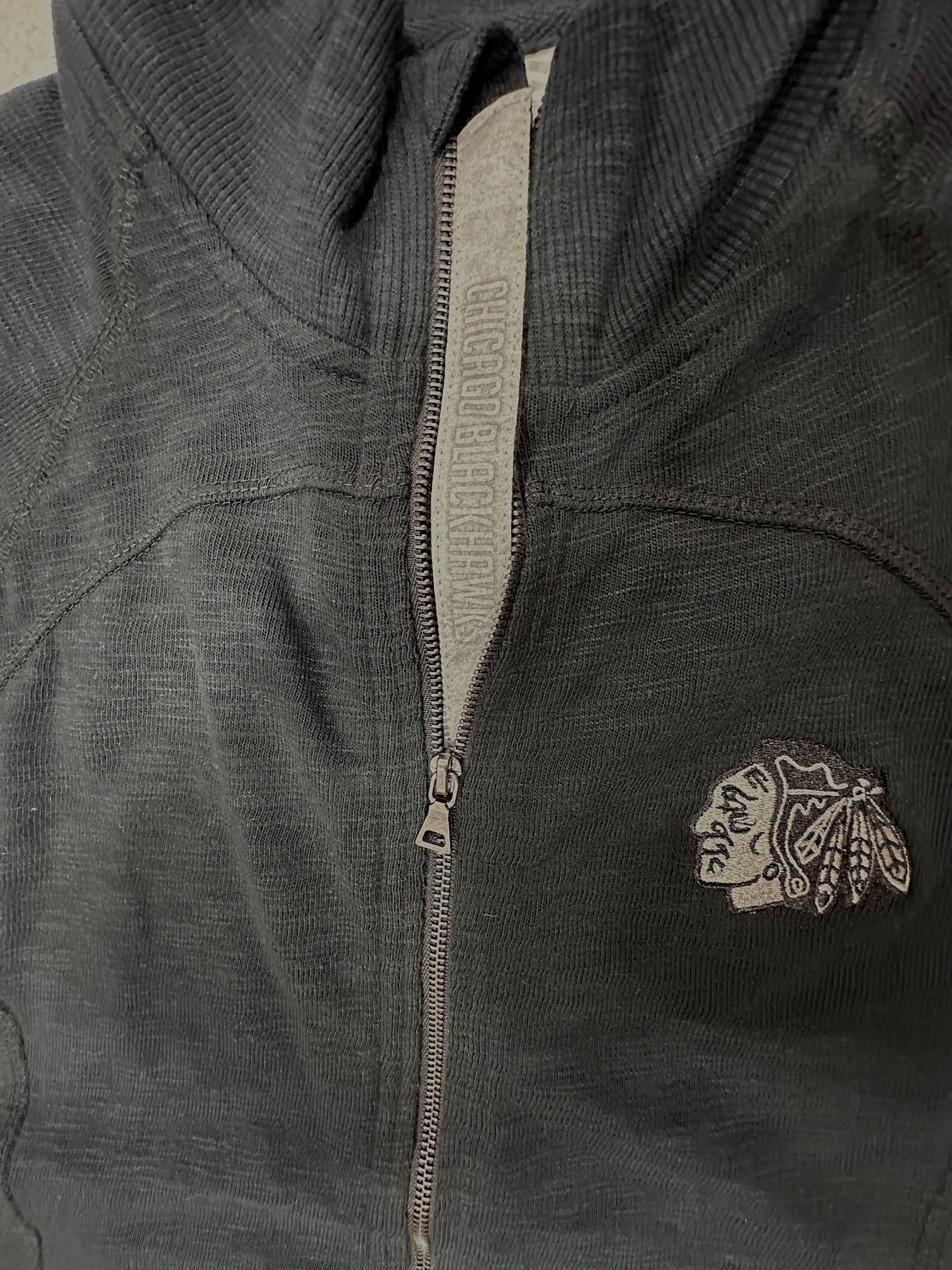 Women's Chicago Blackhawks Full Zip Black Down The Middle Faux Show Text Crew Jacket