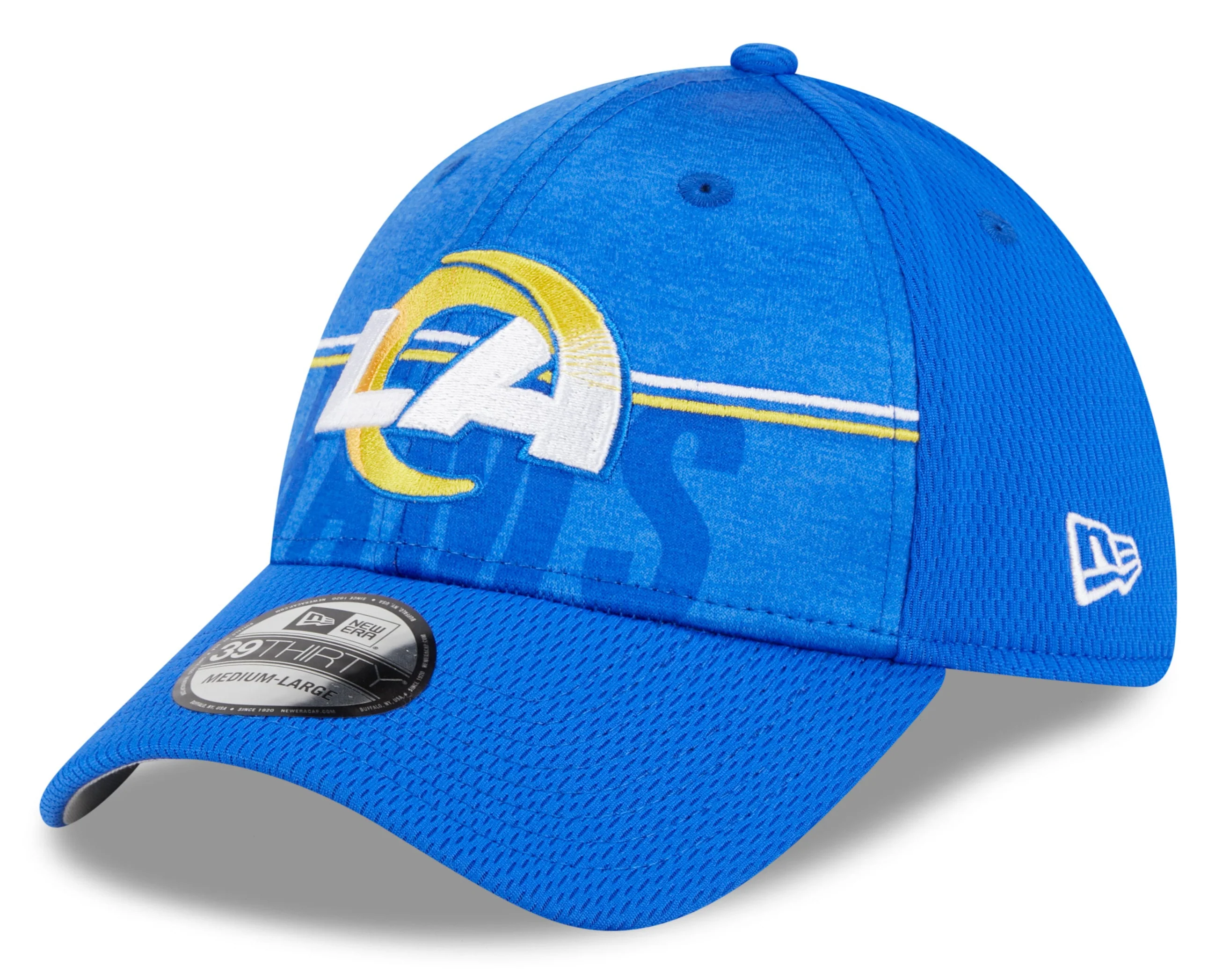 Men's Los Angeles Rams New Era NFL 2023 Training Camp Blue Primary Logo 39THIRTY Flex Fit Hat