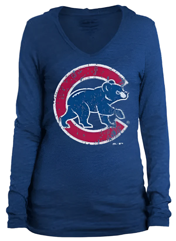 Women's Chicago Cubs Over Sized Walking Bear Logo Long Sleeve  Triblend Hoodie Tee