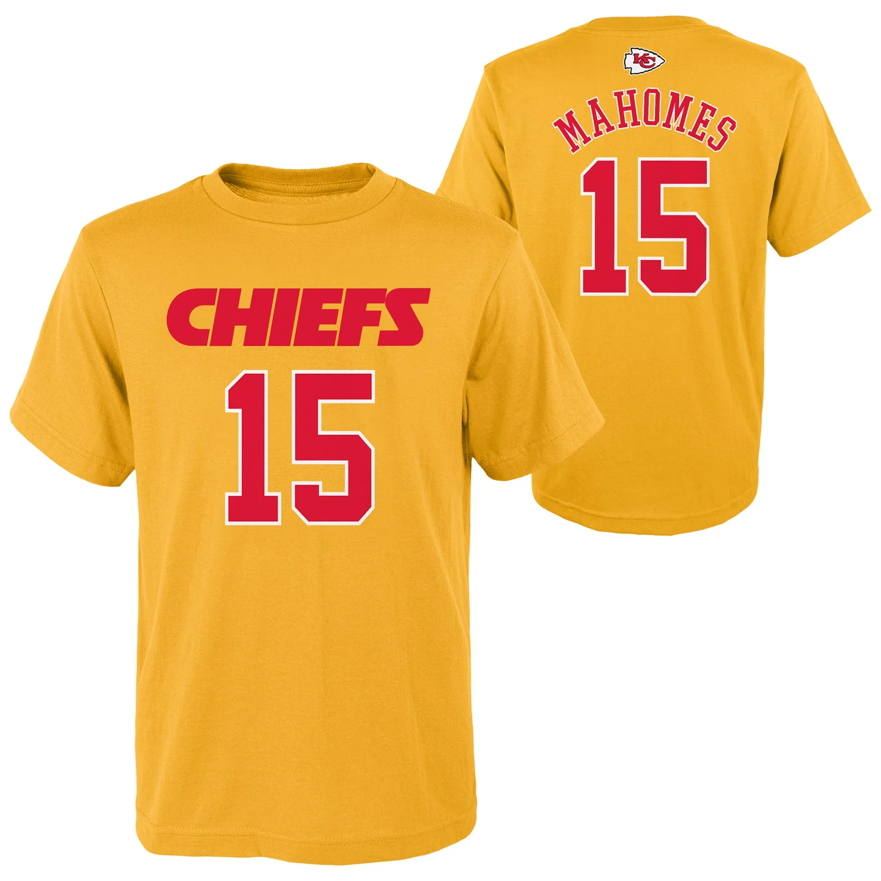 Youth Kansas City Chiefs Patrick Mahomes Gold Mainliner Player Name & Number T-Shirt