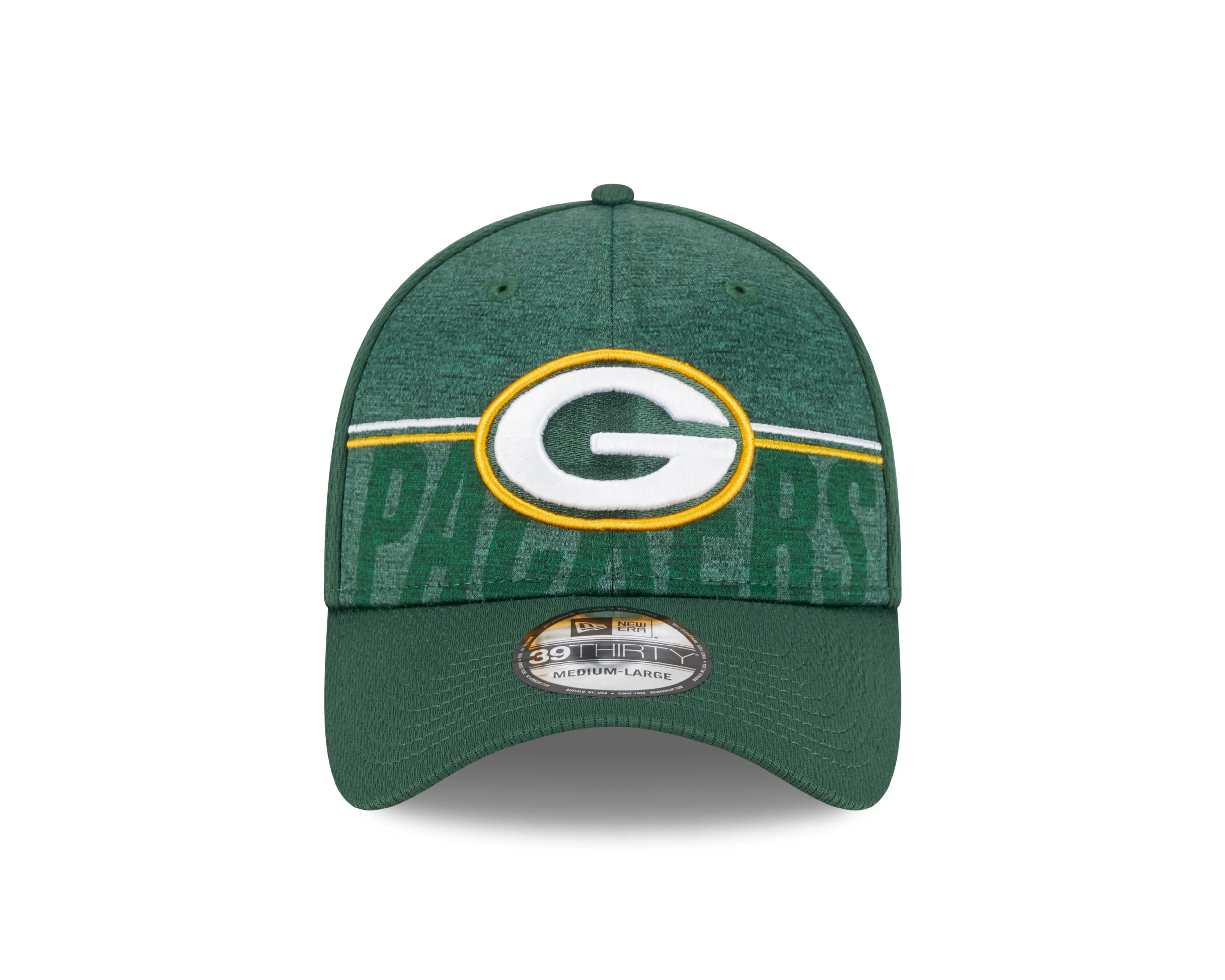 Men's Green Bay Packers New Era NFL 2023 Training Camp Green Primary Logo 39THIRTY Flex Fit Hat
