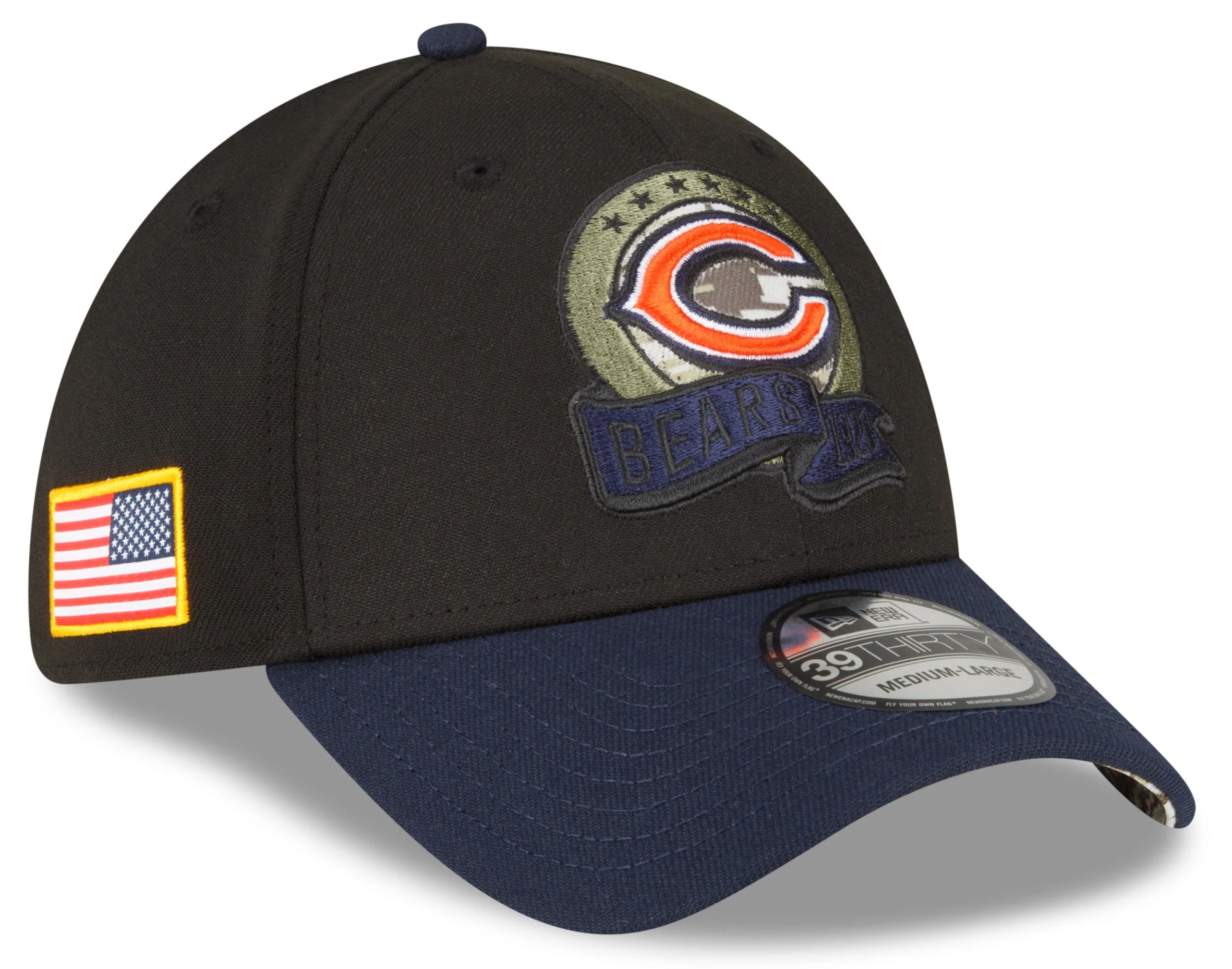 Men's Chicago Bears New Era Black 2022 Salute to Service Primary Logo 39THIRTY Flex Hat