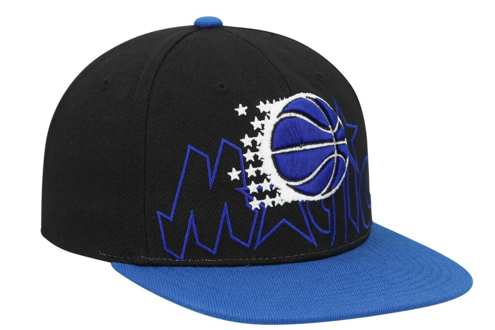 Men's Orlando Magic Mitchell & Ness 2 Tone Black and Royal Low Big Face Hardwood Classics Snapback Hat