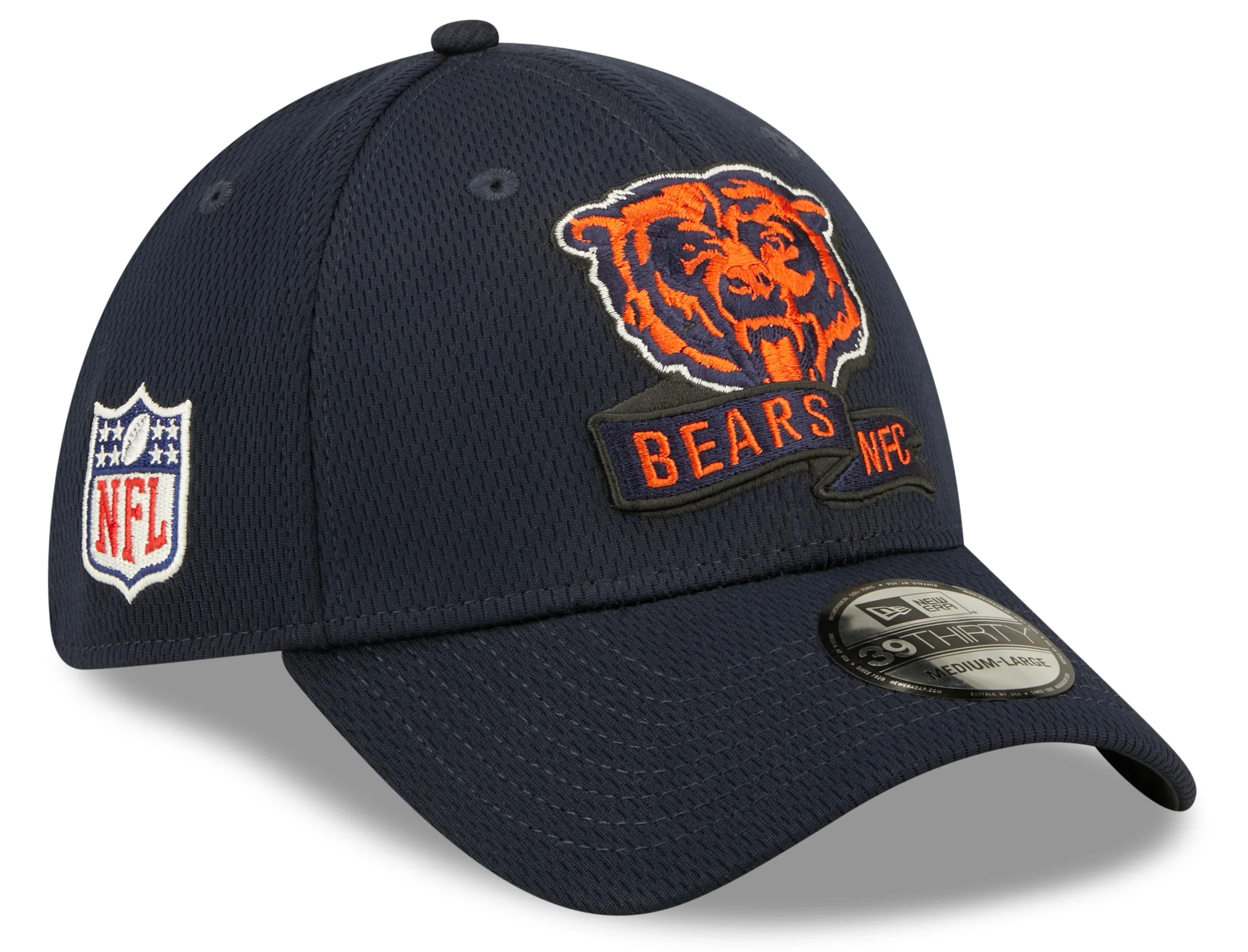 Men's Chicago Bears Mascot Logo New Era Navy 2022 Sideline Coaches 39THIRTY Flex Hat