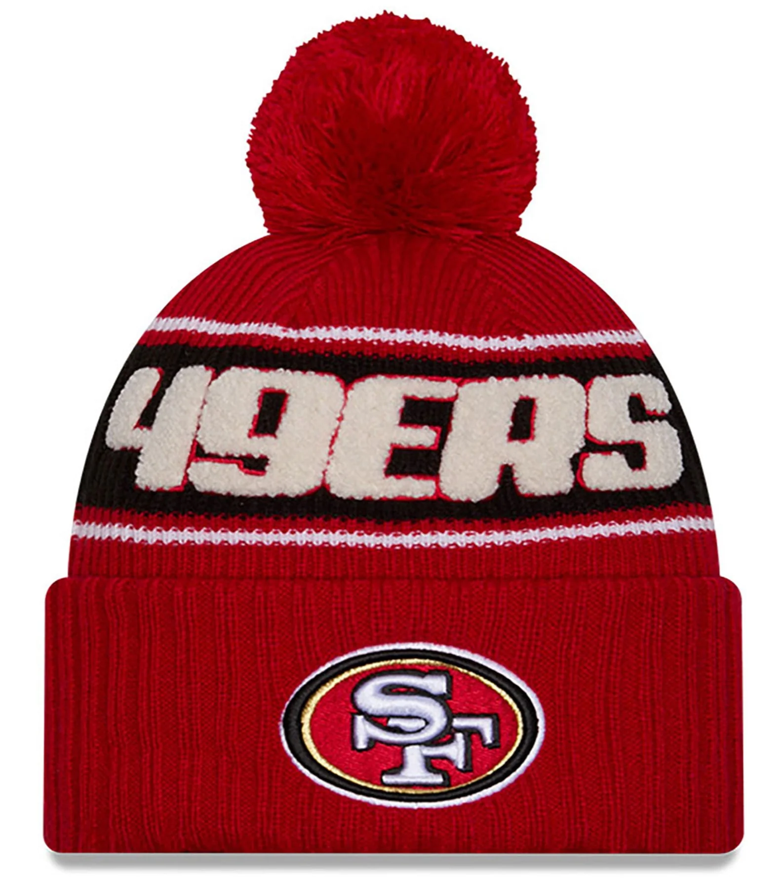 San Francisco 49ers New Era 2024 NFL Sideline Red Cuffed Pom Knit Hat