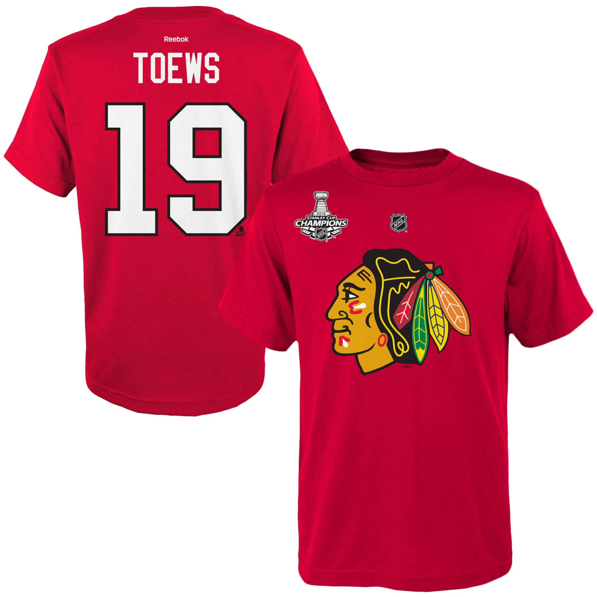 Men's Chicago Blackhawks Jonathan Toews Red Reebok 2015 Stanley Cup Champions Name & Number T-Shirt