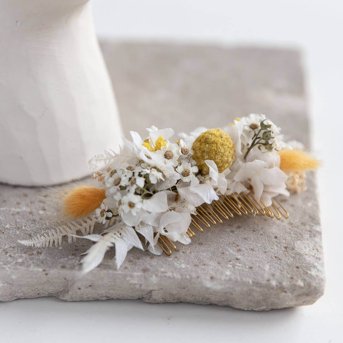 Haarkamm Trockenblumen gelb weiß