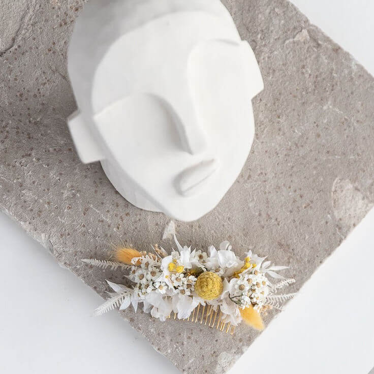 Haarkamm Trockenblumen gelb weiß