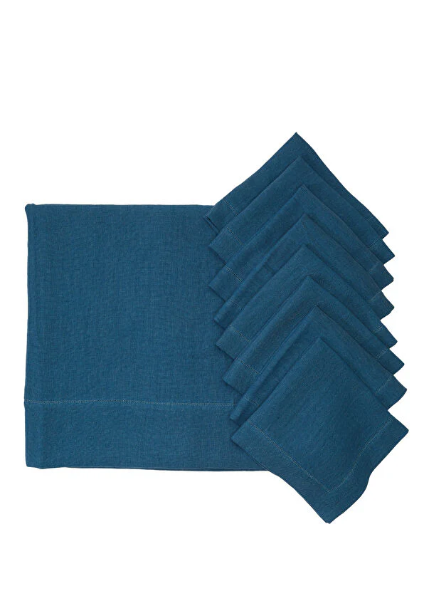 Lacivert 8li Keten Peçete Seti Ve Masa Örtüsü